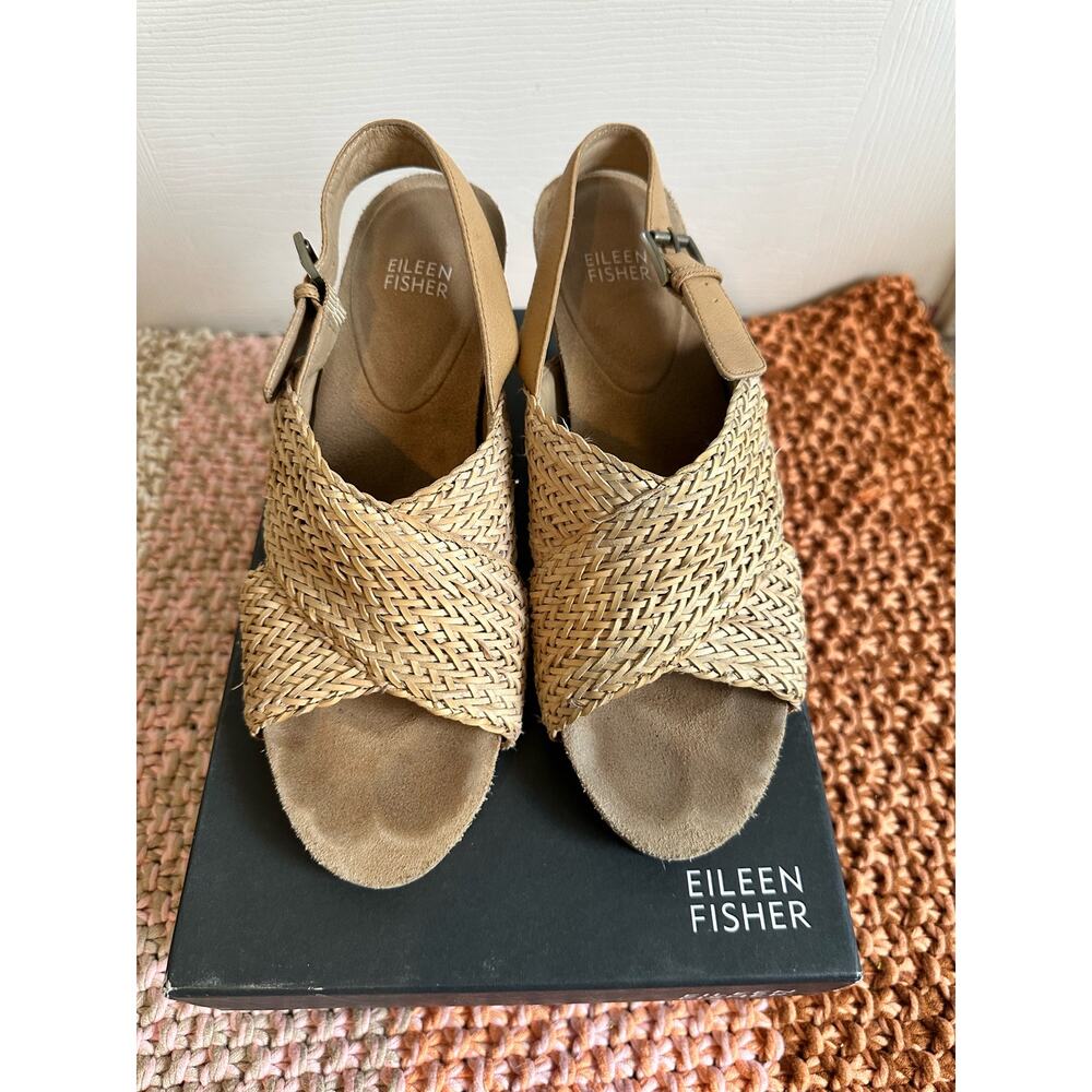 Eileen Fisher Tan Leather Stacked Heel Mules Size 9.5